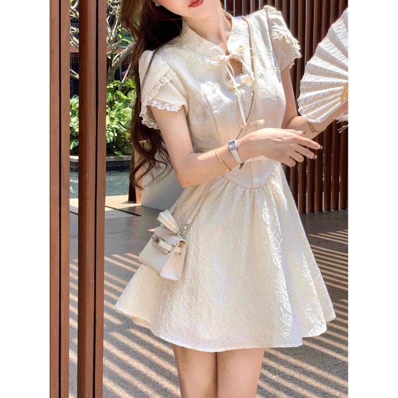 Französisches Nationalstil Jacquard A-Linien Kleid - Taillenbetonend, Schlankmachend, Hochtailliert Sommer Mode