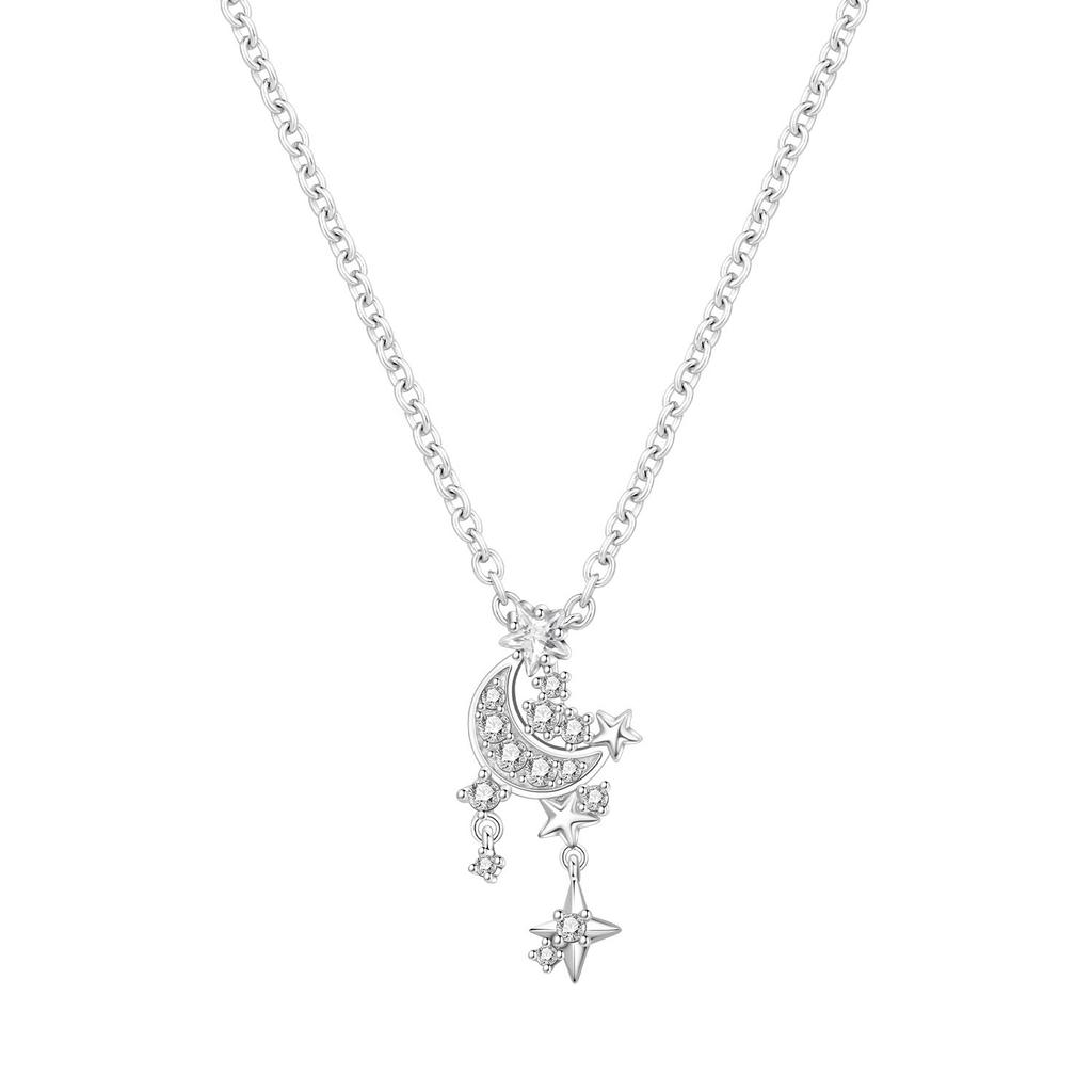 S925 Silver Fashion Star Moon Double Chain Drop Pendant Moon Octagram Zircon Fringe Necklace