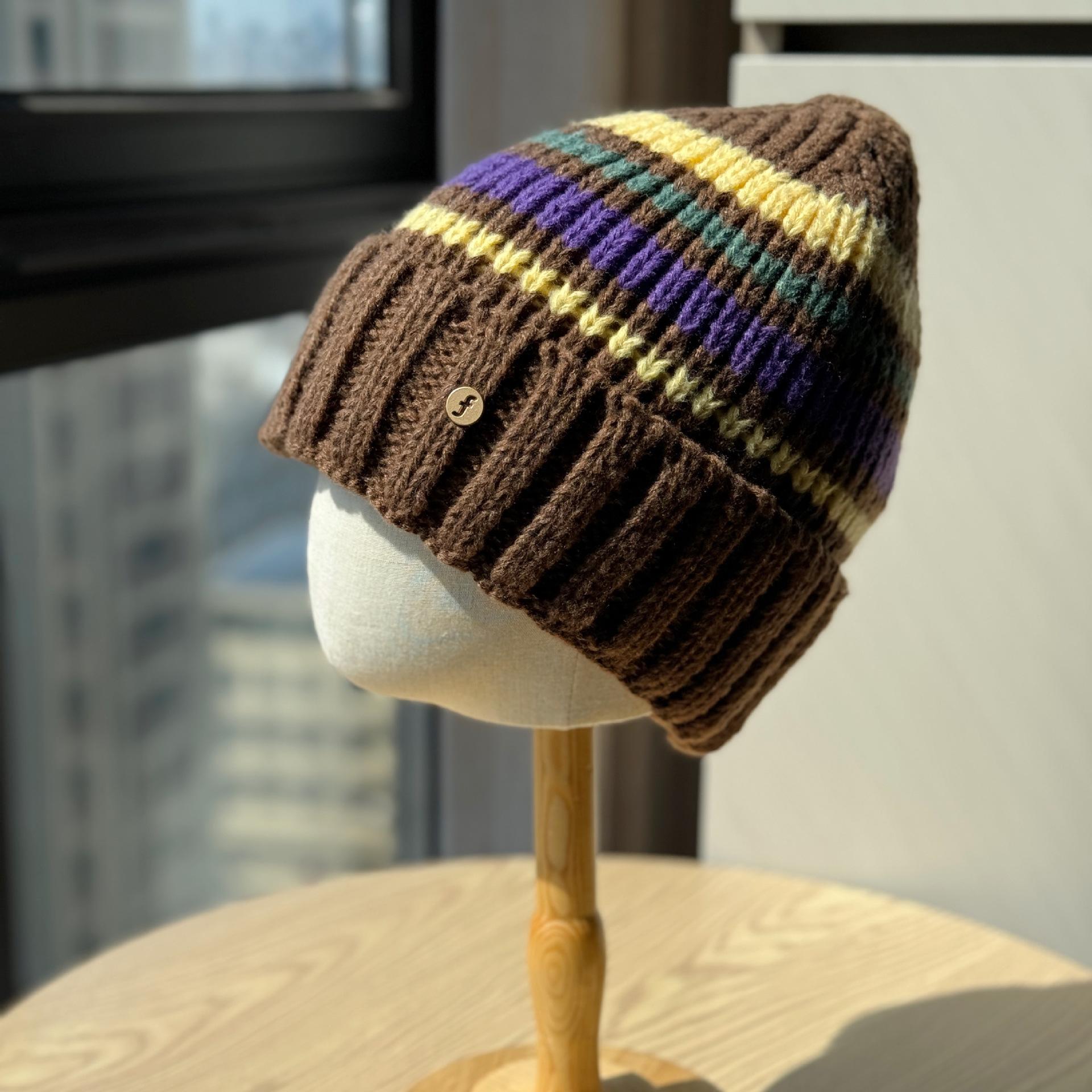 

Полосатая шерстяная шапка в стиле колор-блок для женщин, теплая и защищающая уши, уличная универсальная зимняя вязаная шапка для женщин, трендовая one size