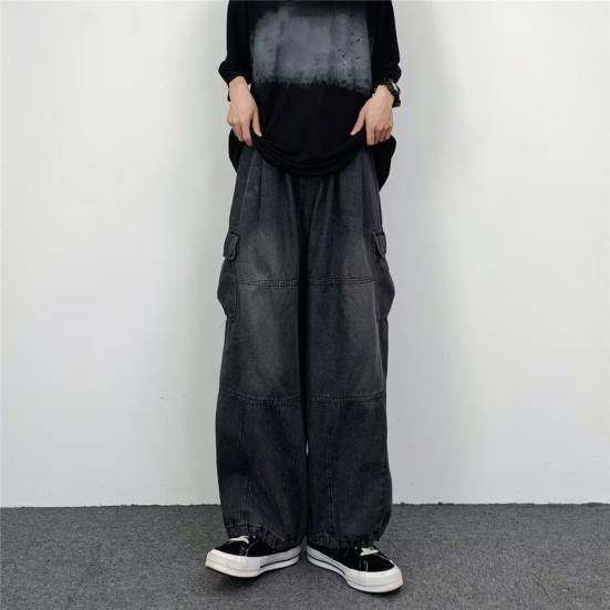 Men Baggy Cargo Jeans Multiple Pockets Solid Color Zipper Fly Loose Straight Wide Leg Pants Autumn Denim Trousers Streetwear