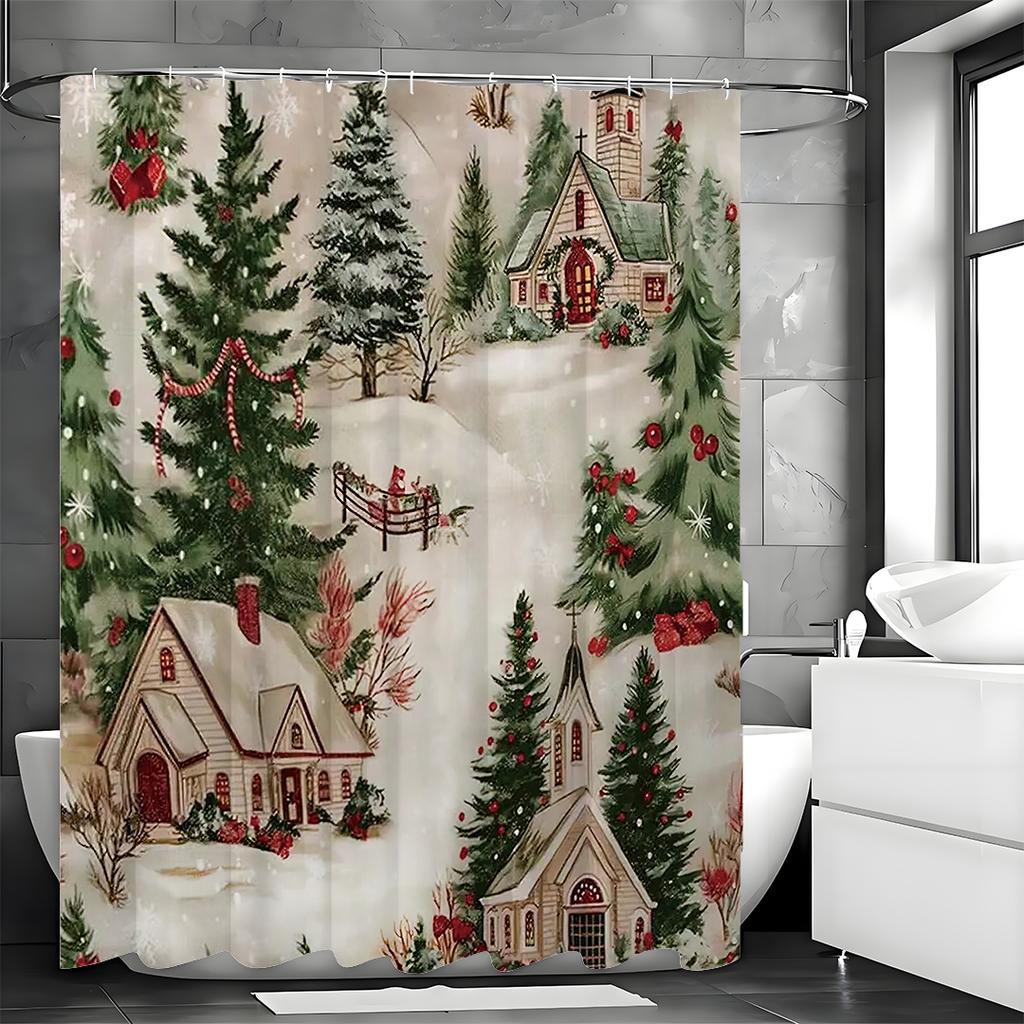 Wesołych Świąt Dom Choinka Świąteczna Zasłona Prysznicowa Śnieżna, Dekoracyjna Zasłona Prysznicowa do Łazienki, Wodoodporna Zasłona Prysznicowa z Haczykami