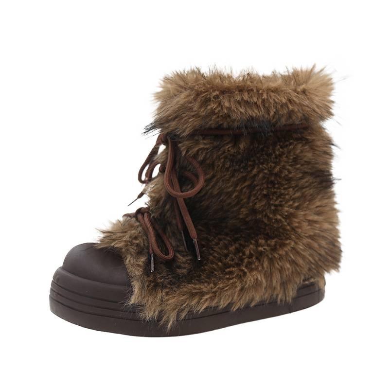 Retro Furry Big-Head Women's Snow Boots: 2025 Winter, Warm, Cold-Resistant, Thick-Soled, Fashionable, Popular