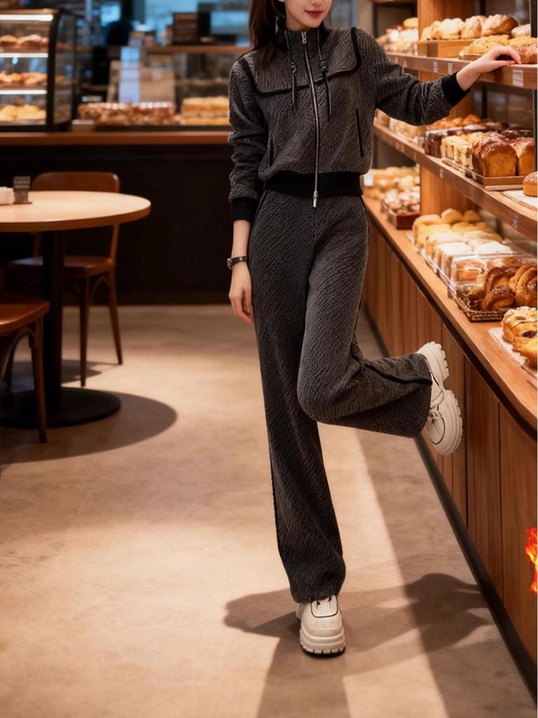Women's European Style High-End Casual Sports Set: Spring Slimming Velvet Hoodie & Wide Leg Pants Two-Piece