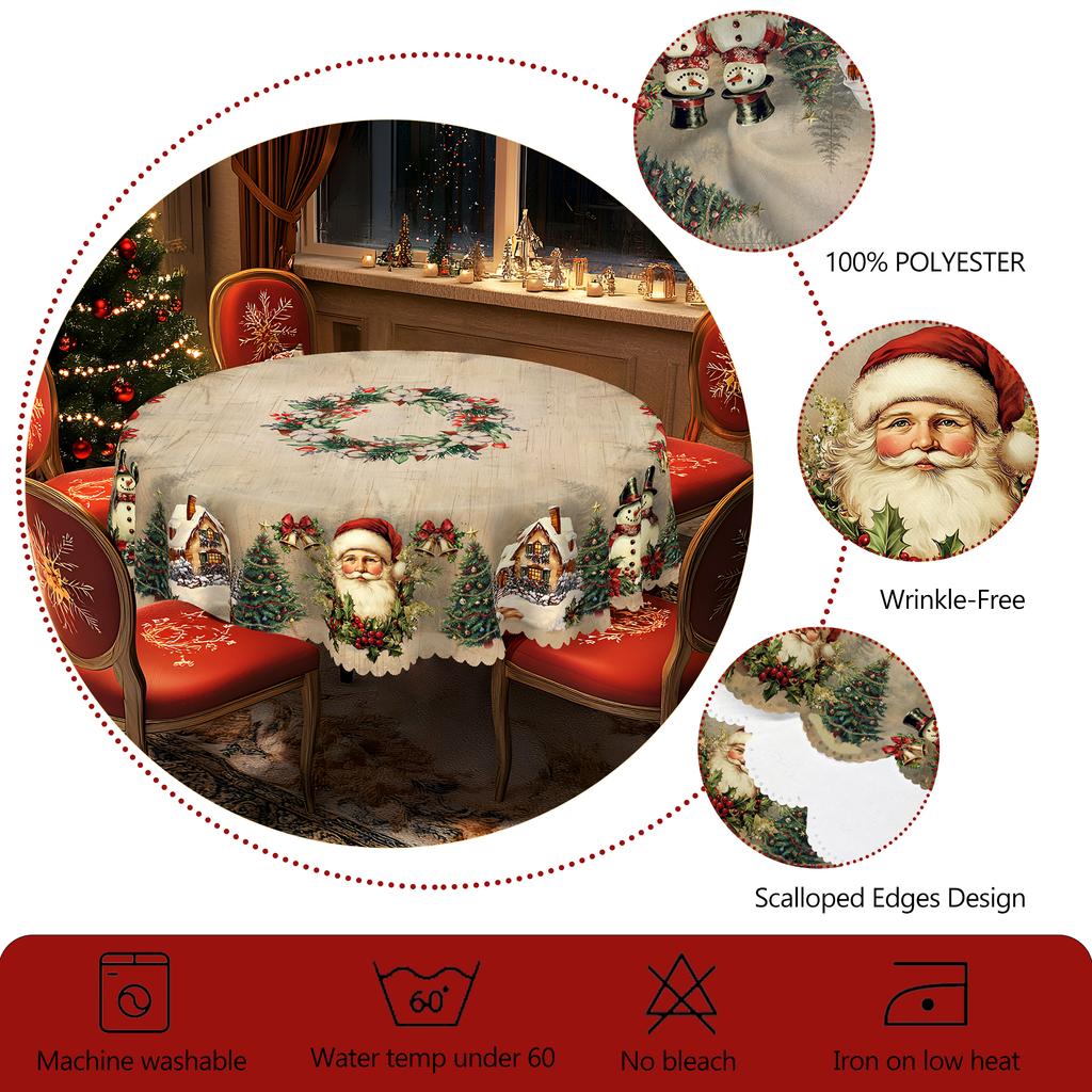 1 Piece Christmas Round and Rectangular Tablecloth, Various Sizes, Retro Santa Claus and Christmas Tree Print Design Pattern Tablecloth, Christmas Gar