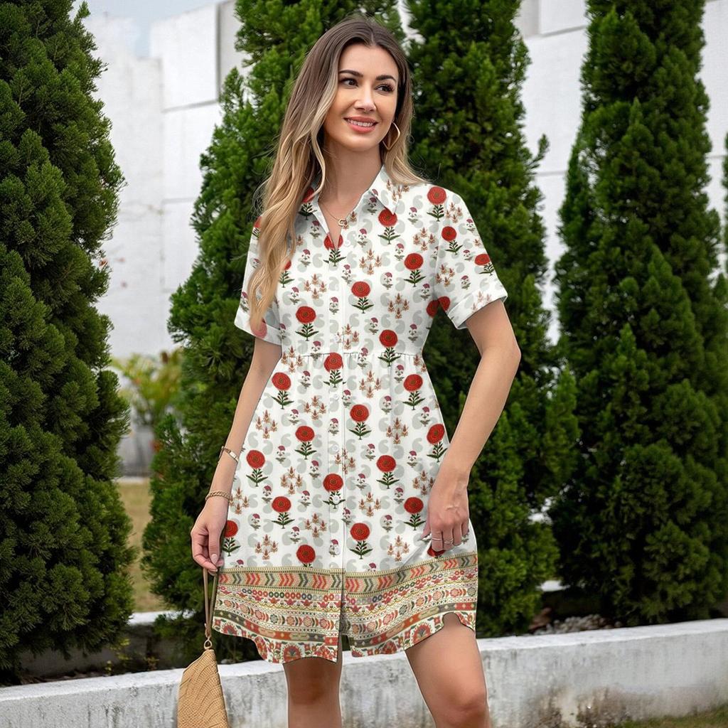 Casual Loose Fit Shirt Dress with Button Front and Stand Collar Short Sleeve Printed Summer Dress for Women