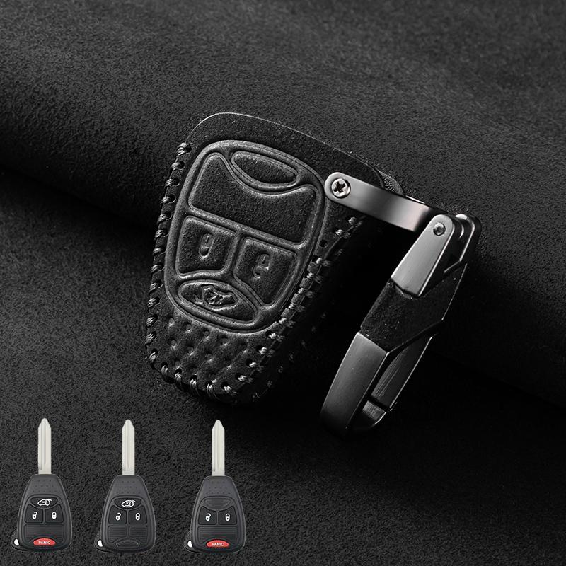 Leather Car Key Cover For Chrysler Pacifica Aspen 300 For Dodge Ram Caravan Journey Challenger For Jeep Commander Grand Cherokee