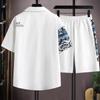 Fashion Men's Short-sleeved Shirt Suit Men's Summer Tide Design Sense Splicing Printing Casual Sports Shorts Two-piece Clothes