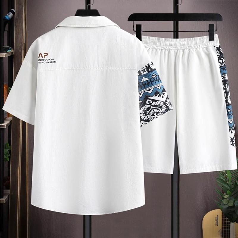 Fashion Men's Short-sleeved Shirt Suit Men's Summer Tide Design Sense Splicing Printing Casual Sports Shorts Two-piece Clothes