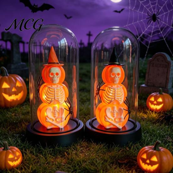 Unique Halloween Gift Decoration, Lighted Skeleton in Clear Dome Cloche with Warm Glow, Battery Year-round Decor Operated Skull Lamp Witch Hat