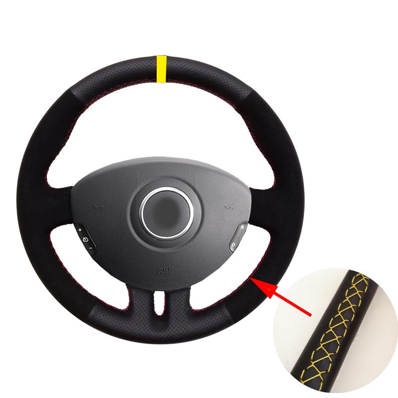 WCaRFun Black Leather Suede Red Marker Car Steering Wheel Cover for Renault Clio 3 2005-2013 Clio Dynamics 2008 Clio Mk 3
