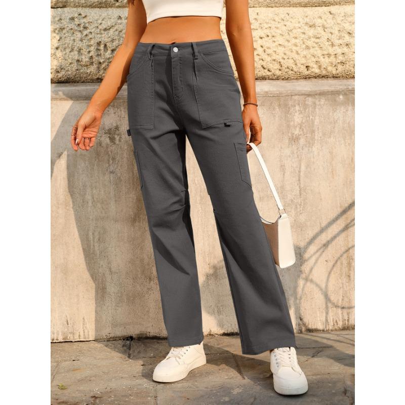 Damen lockere lässige High-Waist gerade Hosen mit sechs Taschen Cargo-Hosen