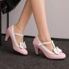 Women Lolita Mary Janes Pumps Round Toe Thick High Heels Buckle Bow T-tied Kawaii Ladies Fashion Cosplay Shoes Spring Autumn 46
