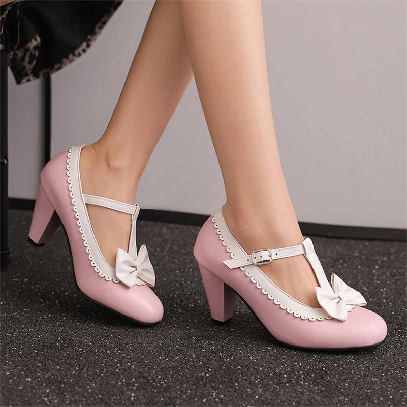 Women Lolita Mary Janes Pumps Round Toe Thick High Heels Buckle Bow T-tied Kawaii Ladies Fashion Cosplay Shoes Spring Autumn 46