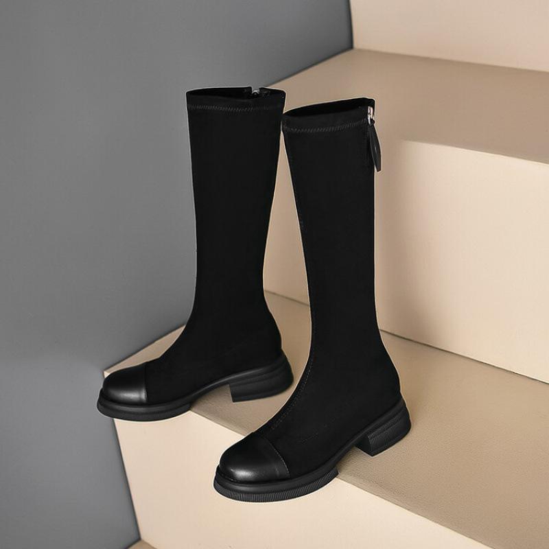 

Осень и зима европейские и американские замшевые высокие сапоги женские на толстой подошве нескользящие большого размера женские сапоги задняя молния средний каблук новые рыцарские 39