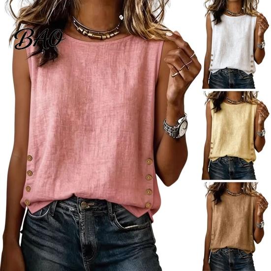 Soft Blouse Summer Tops for Women, Round Neck Sleeveless Pullover Tops, Pure Color Stretchy Breathable Regular Fit Vest Work Party Vacation