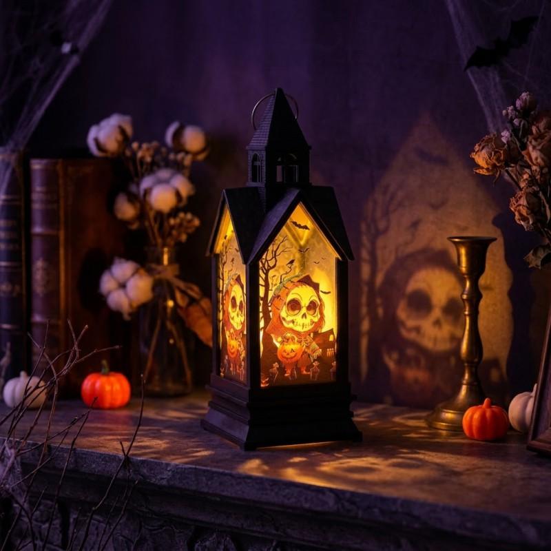 Halloween Decorative Lantern With Castle Pumpkin Witch Scarecrow Skeleton Design Battery Operated LED Candle Light Party Home