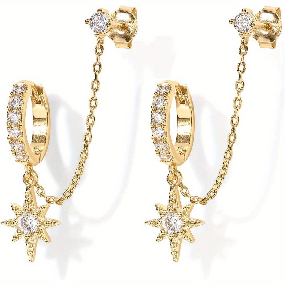 Star and Moon Chain Tassel Earrings with Hexagram Zircon Studs Set - Women's Dangle Earrings