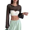 Mesh Solid Color Hollow Top Spring and Autumn Long-sleeved Hollow Ultra-short Casual T-shirt for Women