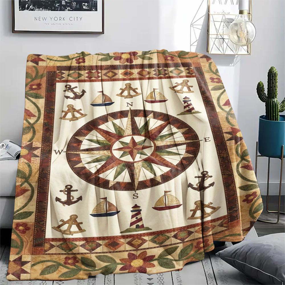 1Pc Compass Print Flannel Blanket, High Quality Comfortable for All Seasons, Home Decor, Warmth and Comfort, Perfect for Christmas Gifts W168
