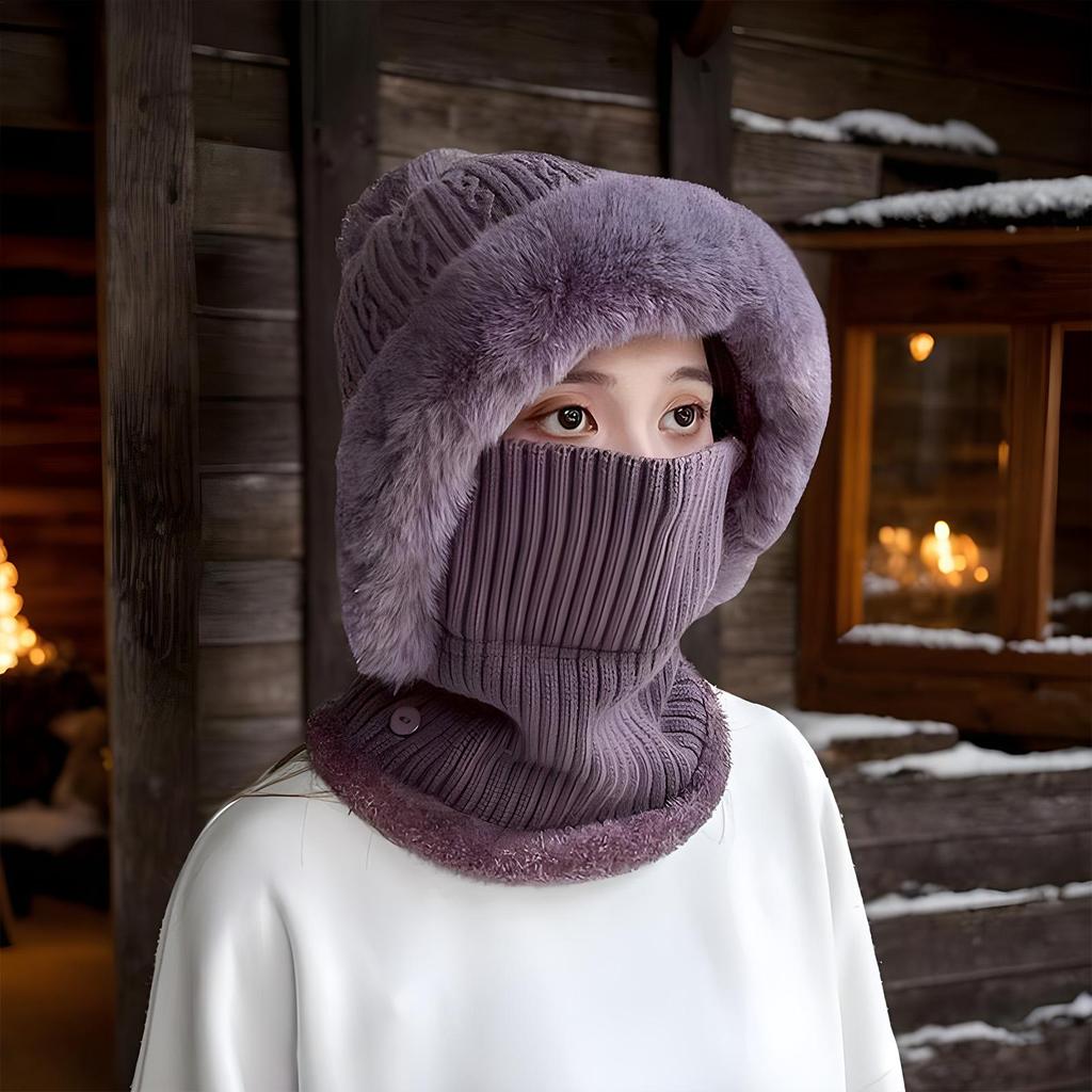 Knit Beanie and Neck Warmer Women Windproof Fleece Hooded Scarf Face Cover Balaclavas for Hiking Cycling Skiing Travel Winter