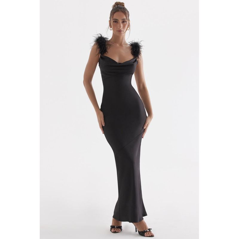 

House Same Style Long Dress Romantic Pure Desire Inspirational Sexy Feather Sling Dress Elegant Socialite Birthday Dress Black XS