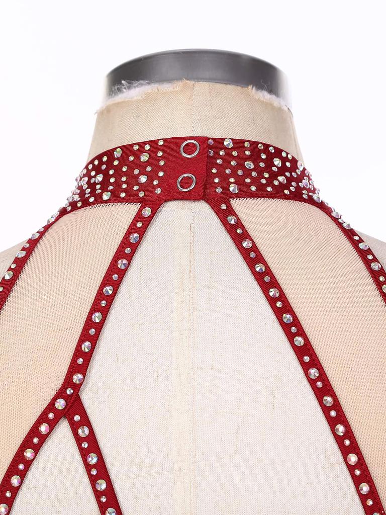 Womens Latin Dance Leotard Sleeveless Mock Neck Patchwork Rhinestones Tassels Adorned Gymnastics Costume