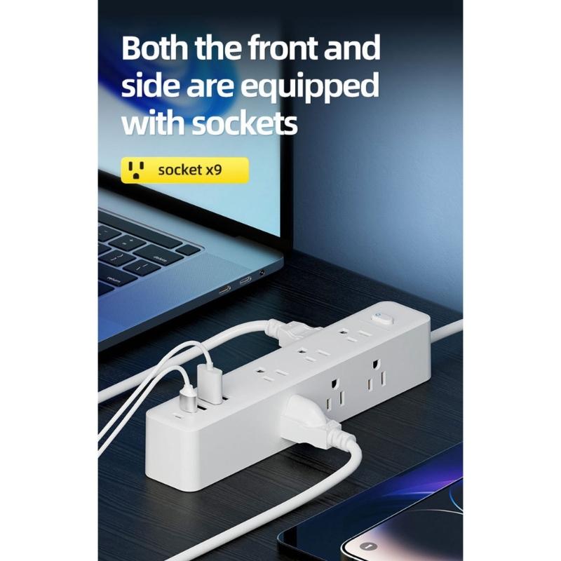 Flat Plugs Surge Protectors Power Strips 9Outlets 3USB/2 USB C Port Wall Mountable Design For Home Office Dorm Essential