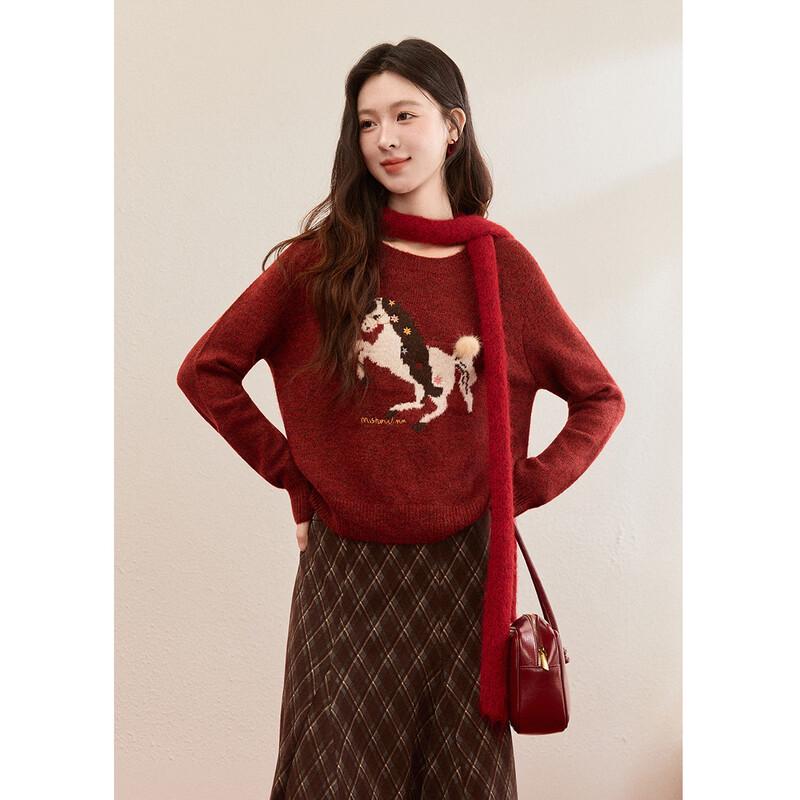 Mishow Women's Retro Red Pony Round Neck Pullover Sweater