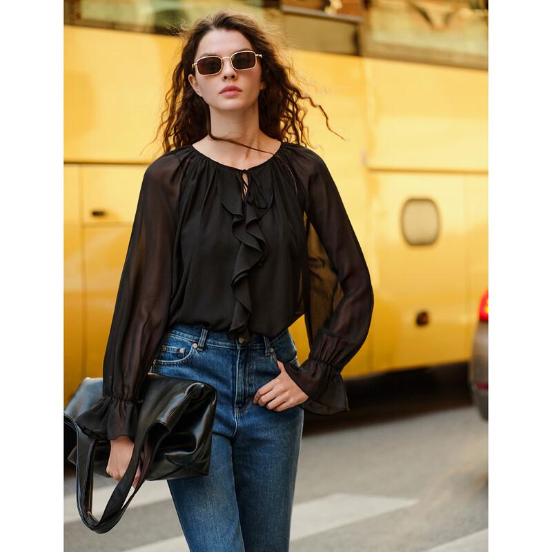 Giovanni Valentino Women s Ruffle Sheer Long-Sleeve Blouse XL