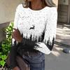 Women's Casual Long Sleeve Ribbed Knit Top with Christmas Print and Round Neck