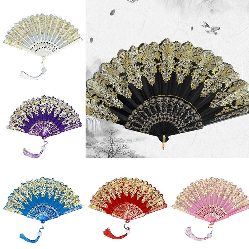 Kunsthandwerk Geschenk Chinesischer Stil Faltfächer Hand Goldpuder Plastikfächer Tanz Hochzeitsparty Faltfächer Geschenk Heimdeko