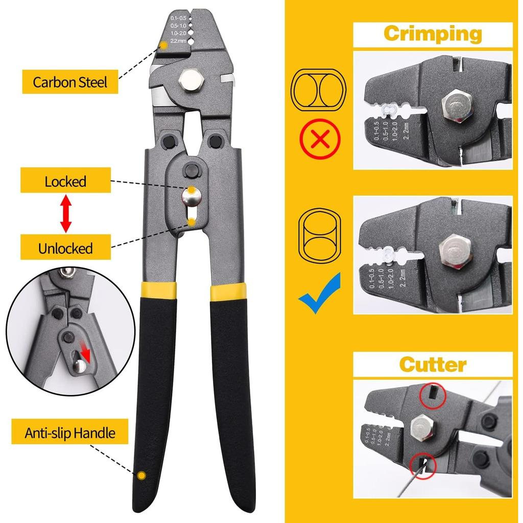 Drahtseil Crimpzangen-Werkzeugsatz, 1/16" Edelstahl-Drahtseilkabel mit Aluminium-Crimpklemmen und Edelstahl-Kauschen für Geländer, Terrassendielen