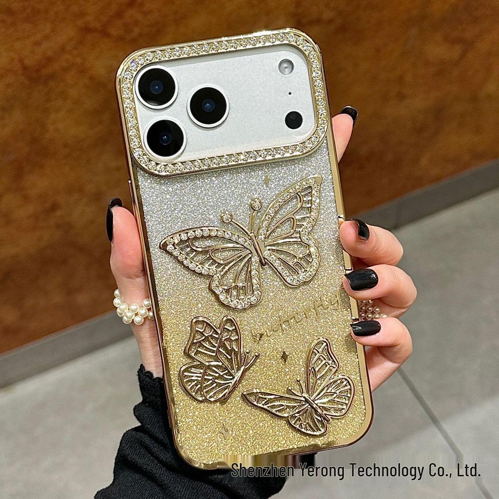 3D Shining Rhinestone Butterfly Case for iPhone 17 Pro Max Electroplated Glitter Protective Cover
