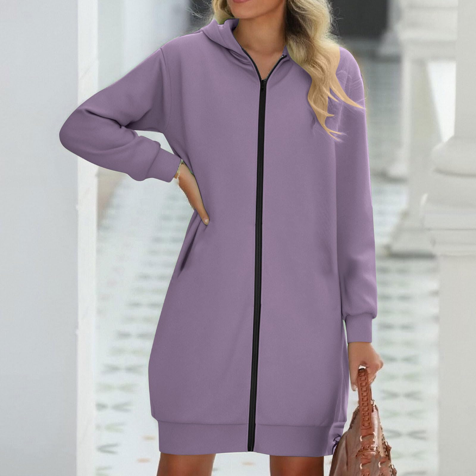 

Женская модная куртка на молнии Легкая свободная длинная толстовка Повседневная куртка-свитшот без карманов XL фиолетовый