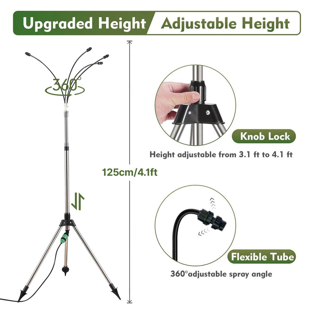 Outdoor Water Misting Cooling System 4 Heads 26Ft/8M Line 360 Degree Tube 3/4 Hose Plug Misters