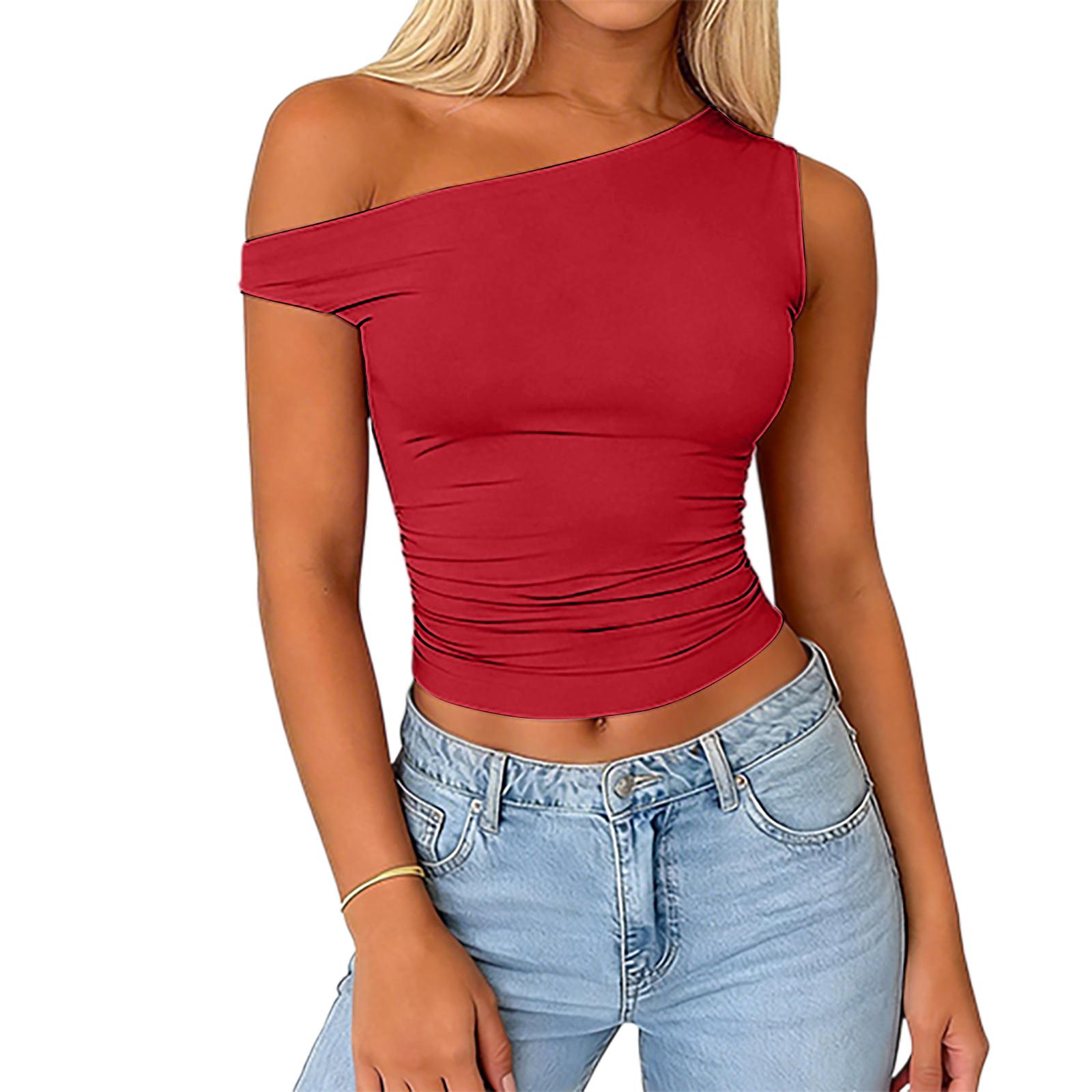 Women s Stylish & Sexy Off-Shoulder Slim-Fit Casual Top L красный