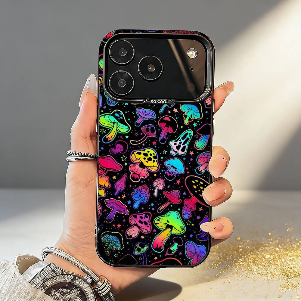 P-Psychedelic C-Colored M-Mushroom Phone Case For iPhone17,16,15,14,13,12,11,Pro,MAX Gray Matte Silicone Black Cover