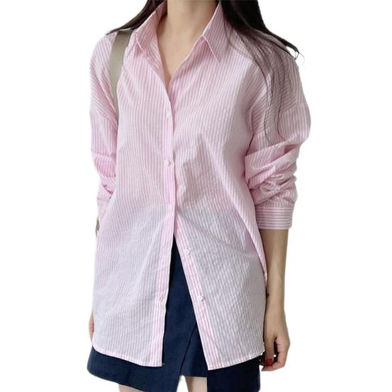 Women Shirt Lapel Single Breasted Shirt Loose Fit Tops Striped Print Long Sleeve Thin Work Shirt