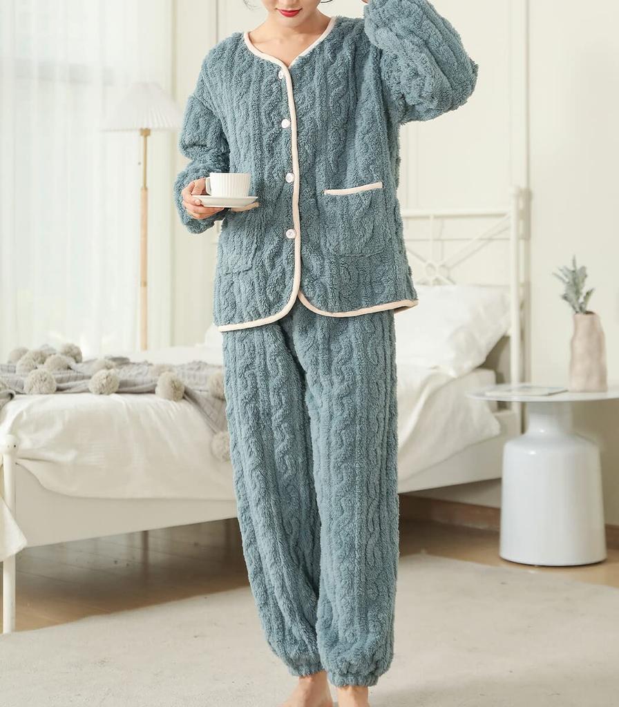 DAYCLOSET Long Sleeve Fluffy Boa Top and Bottom Cable Winter Wear Dusty Women's Loungewear, Set, Knit, (Size M, Blue)