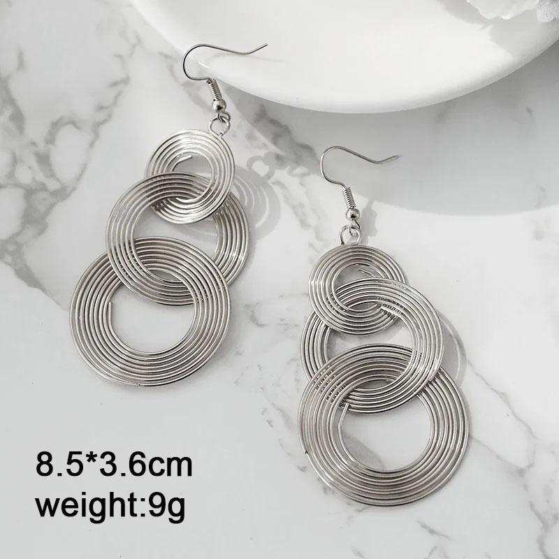 Three-layers Circle Exaggerated Women s Long Hanging Earrings European Heavy Punk Fashion Metal Round Pendants Drop Earrings