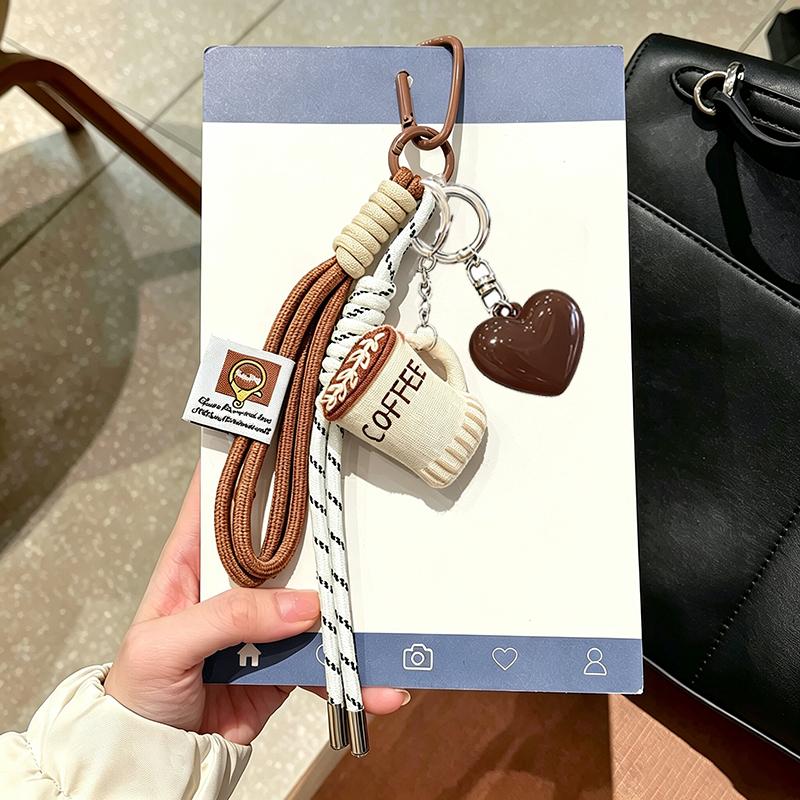 Yogodlns Cute Cartoon Coffee Cup Keychain Fashion Handbag Pendant with DIY Woven Rope Mobile Phone Car Key Design Creative Gift