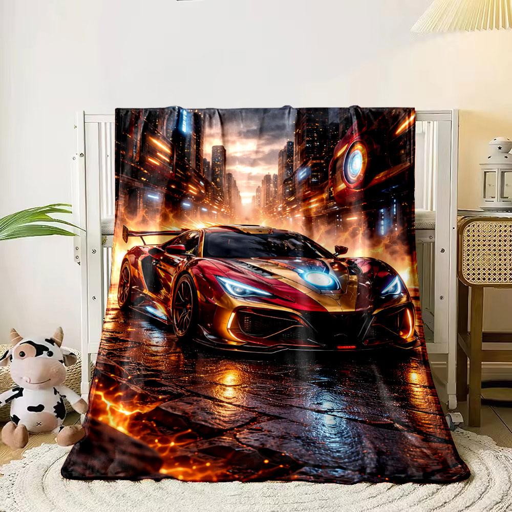 A glowing, futuristic car with metallic red-gold tones in a fiery cityscape. for all seasons blanket lunch break throw gift 80cm x 120cm