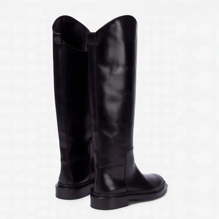 European and American Ladies Fashion Round Toe Knee Length Flat Leather Boots, Size 34-46 Women's Knight Boots