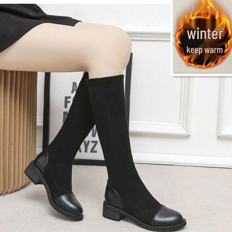 2025 Autumn/Winter Over-the-Knee Slimming Chunky Heel Mid-Calf Boots for Petite Women