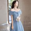 Elegante Vestido de Noche Azul de Tul Hombros Descubiertos, Vestido Largo Formal con Lazo y Pedrería para Mujer, Ideal para Bodas, Banquetes y Fiestas de Graduación