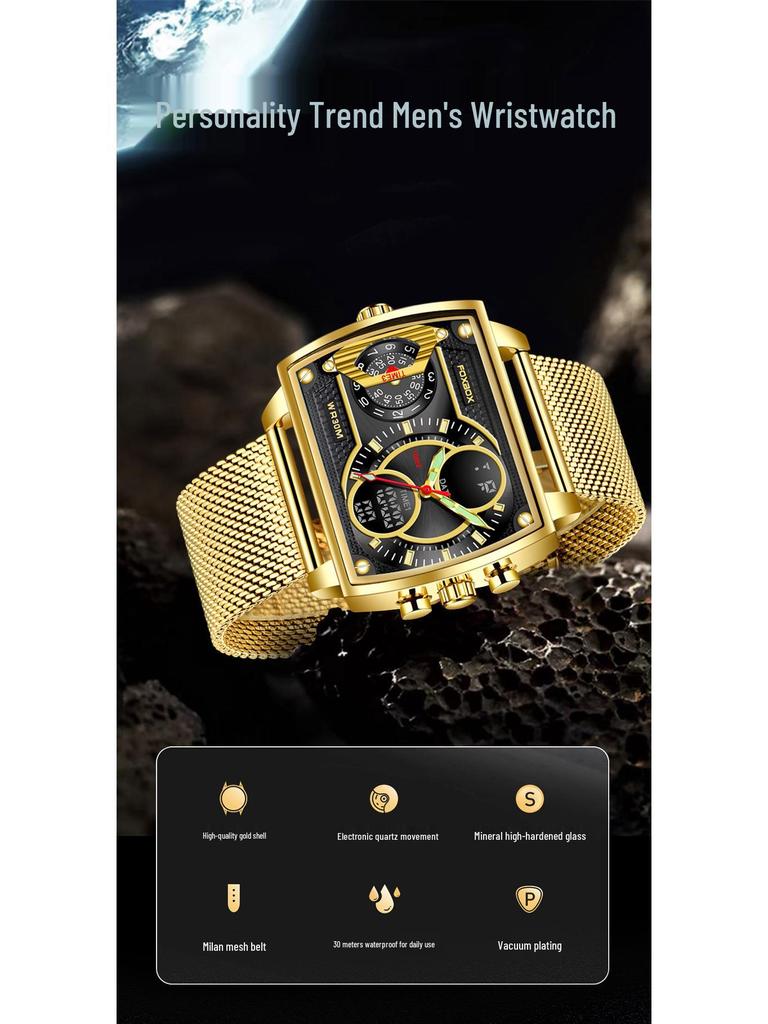 Men's Fashionable Square Dual Display Quartz Watch for Students with Large Dial