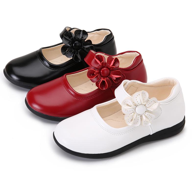 Girls Black Leather Shoes for School Party Flowers Floral Flats for Medium Big Kids Children's Princess Sweet Mary Janes Fashion