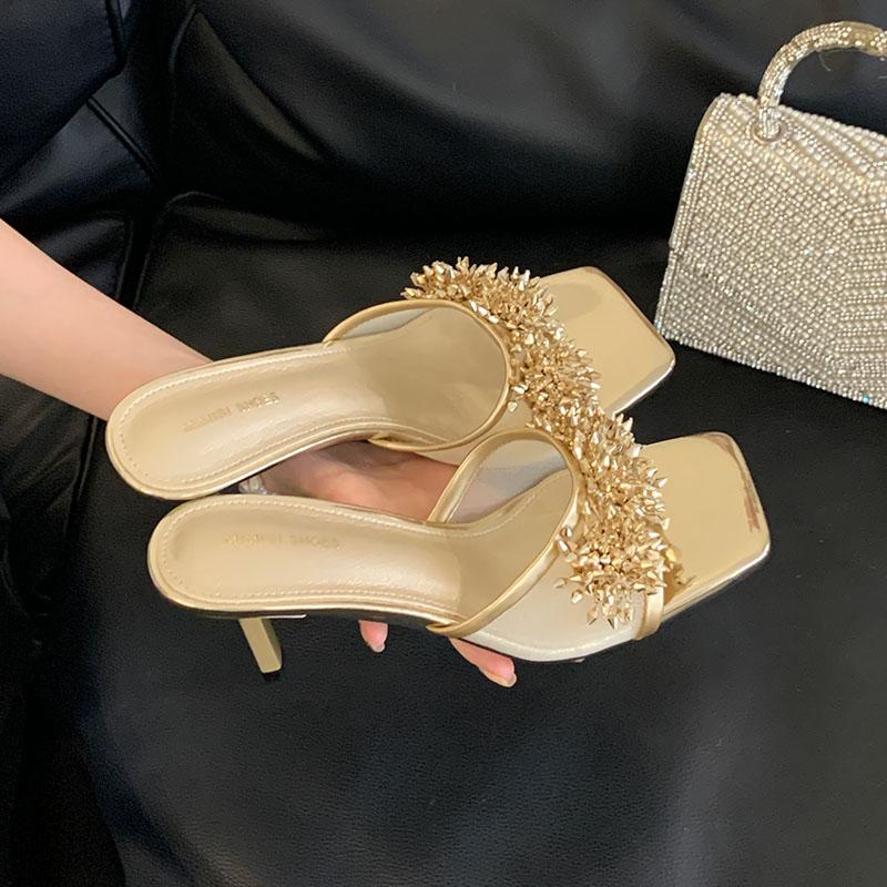 Fashion Fashion Luxury Rhinestones Women Thin Heels Pumps Shoes Slip On Footwear Ladies High Heels Shoes Female Slides Sandals