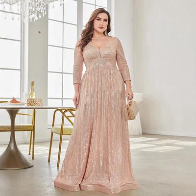 Cross-Border Amazon New Evening Dress Plus Size Sequined Long-Sleeved V-Neck Elegant Long Dress for Parties and Banquets