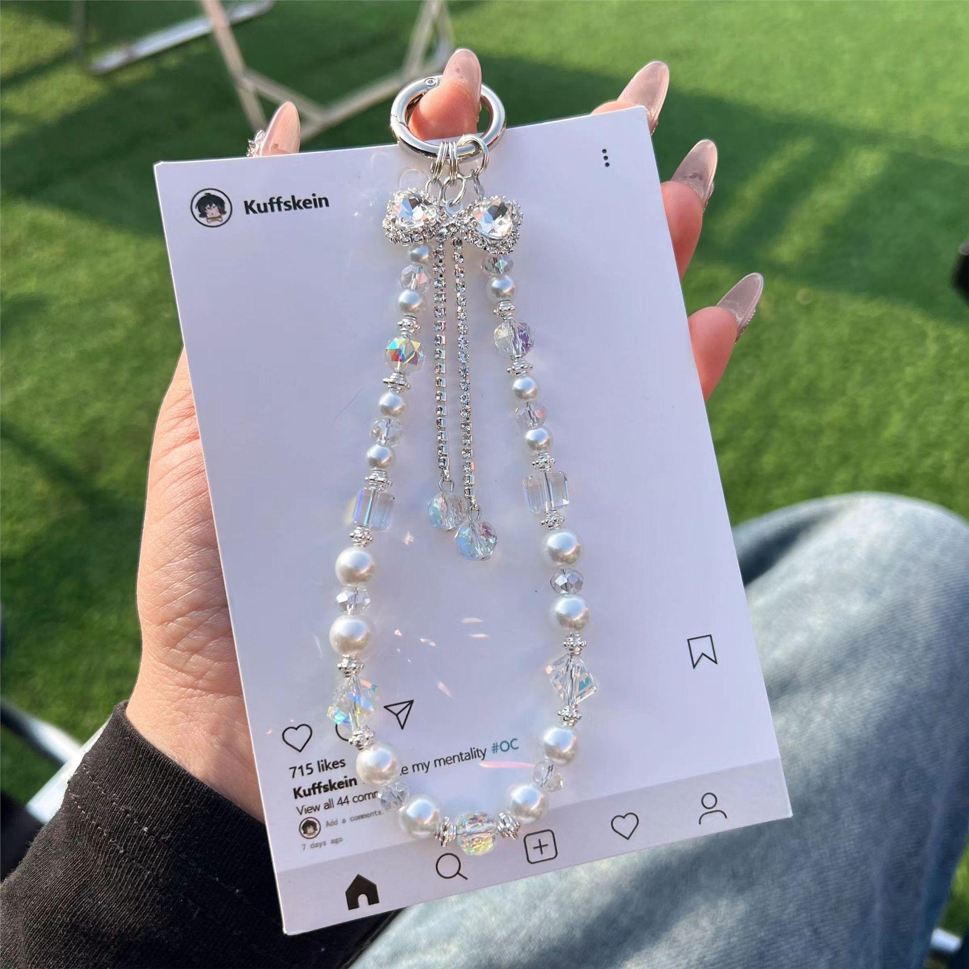 Luxury Rhinestone Crystal Bow Mobile Phone Chain Crystal Pendant Handmade Beaded Wrist Short Key Bag Pendant